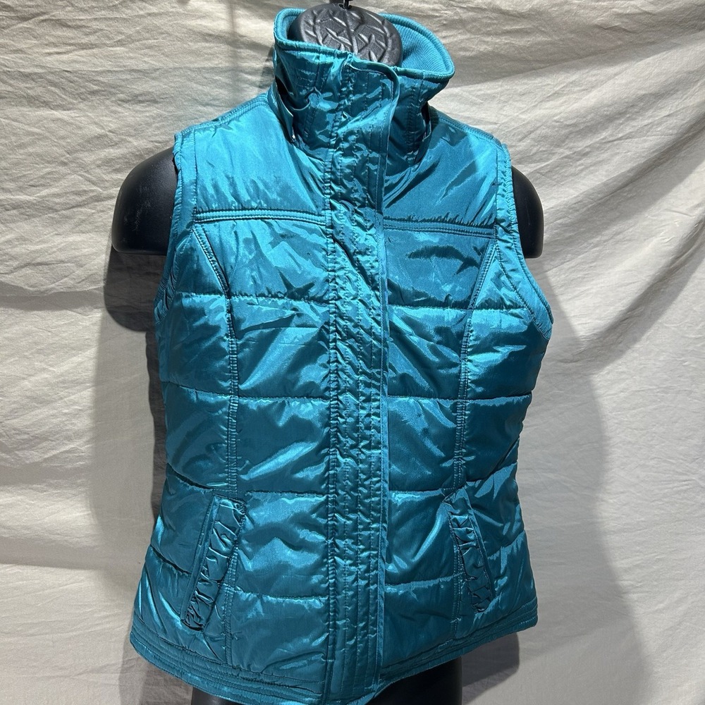 Womens New York & Company Puffer Vest Size Small Teal Blue Shiny Quilted Zip
